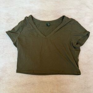 Wild Fable Olive Green Cropped V-Neck Tee | XL